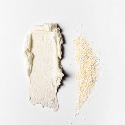 Oat whipped beef tallow texture smear with colloidal oats beside it, showing nourishing formula for sensitive and eczema-prone skin